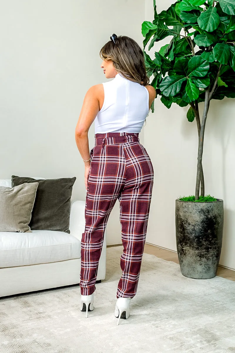 One Piece Plaid Bottom with Bow Tied Paper-bag Waist Jumpsuit (VIP5708)