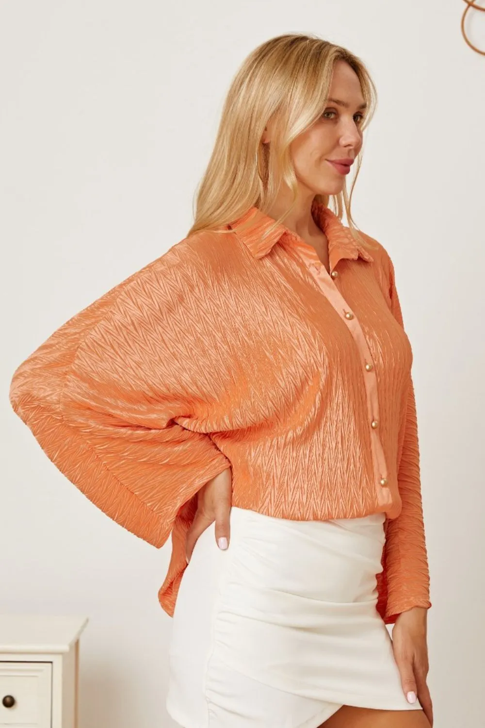 Orange Textured Button Up Long Sleeve Shirt Women's Top