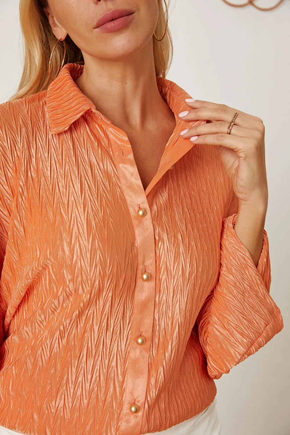 Orange Textured Button Up Long Sleeve Shirt Women's Top
