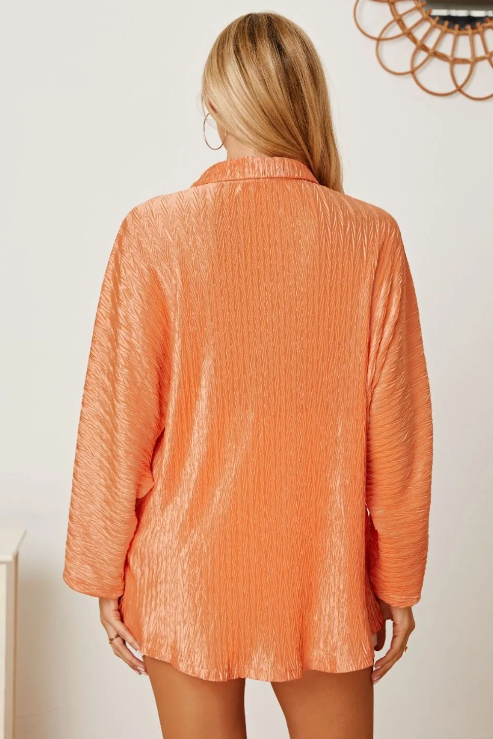 Orange Textured Button Up Long Sleeve Shirt Women's Top