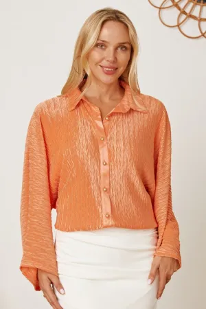 Orange Textured Button Up Long Sleeve Shirt Women's Top