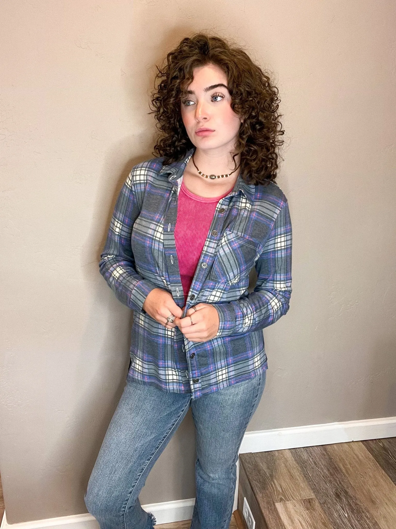 Plaid Roll-up Long Sleeve Top - Navy Blue