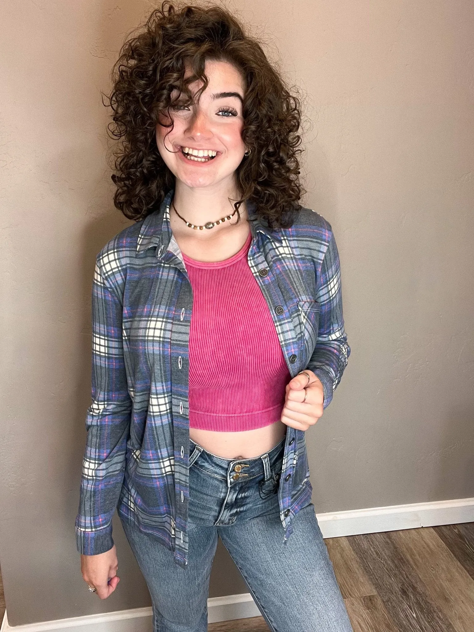 Plaid Roll-up Long Sleeve Top - Navy Blue