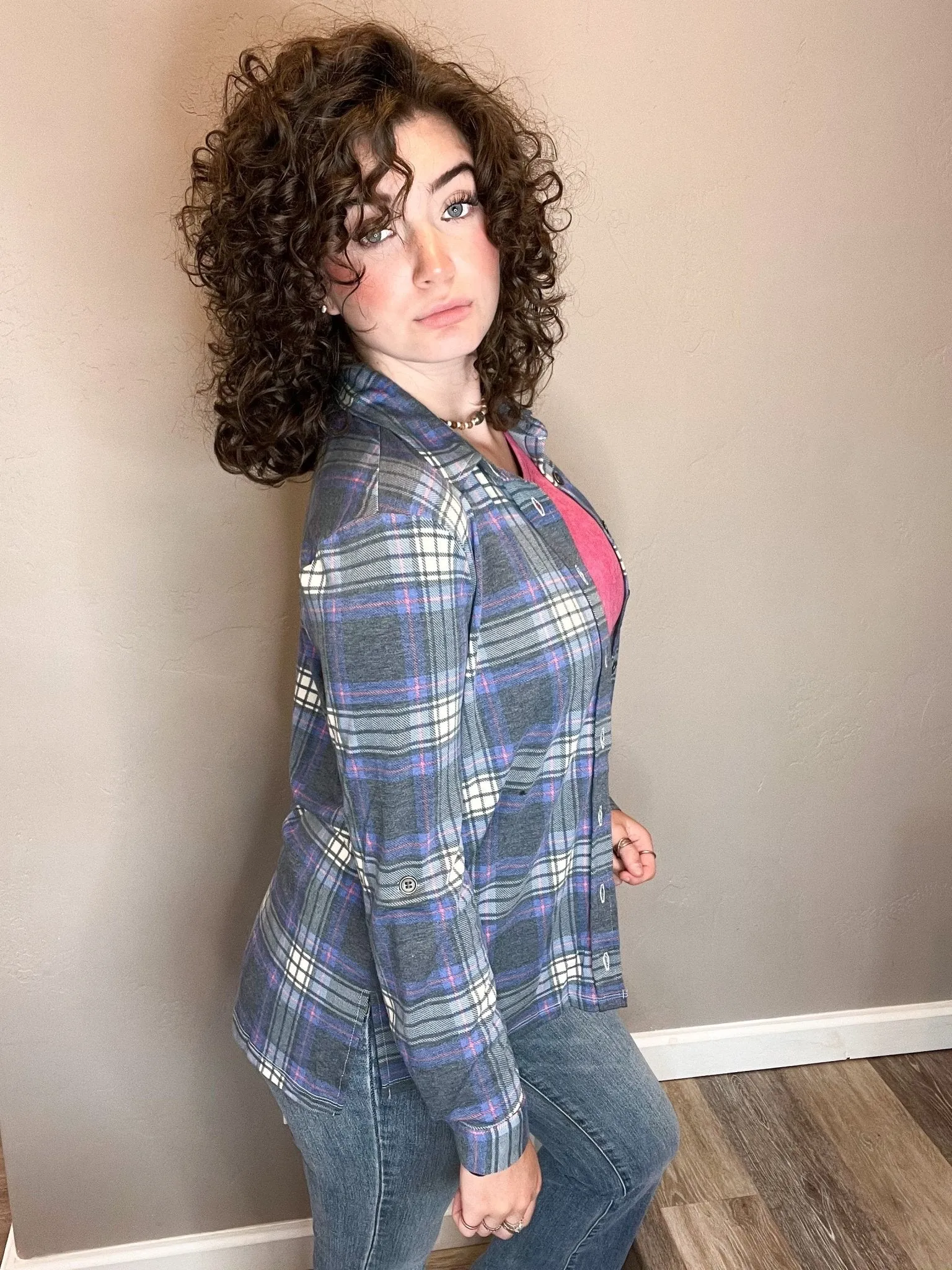 Plaid Roll-up Long Sleeve Top - Navy Blue
