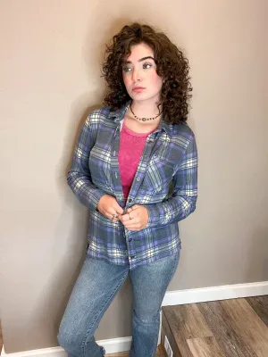 Plaid Roll-up Long Sleeve Top - Navy Blue