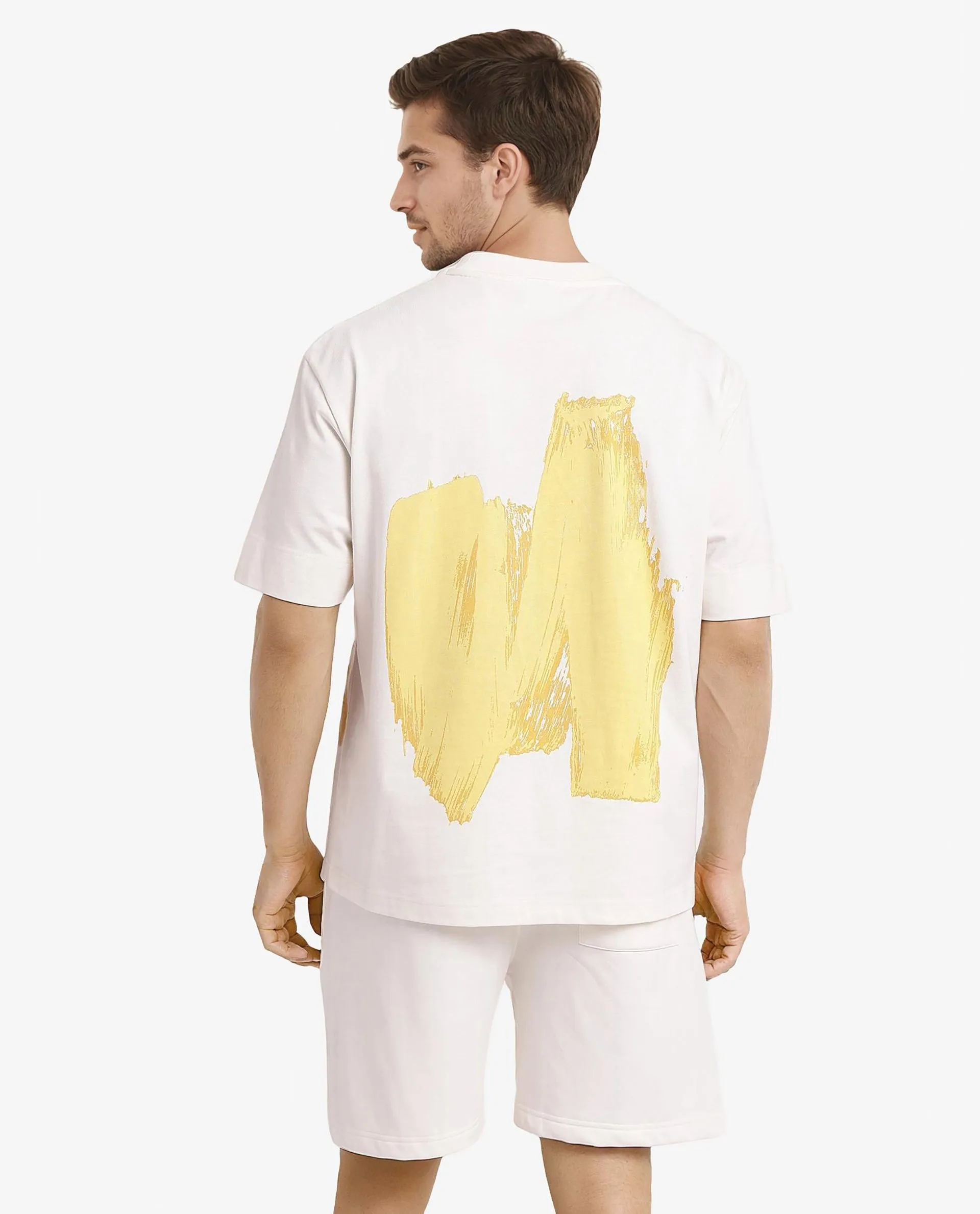 Rare Rabbit Men Jadez Off White Cotton Fabric Short Sleeve Crew Neck Oversized Fit Abstract Graphic Back Print T-Shirt