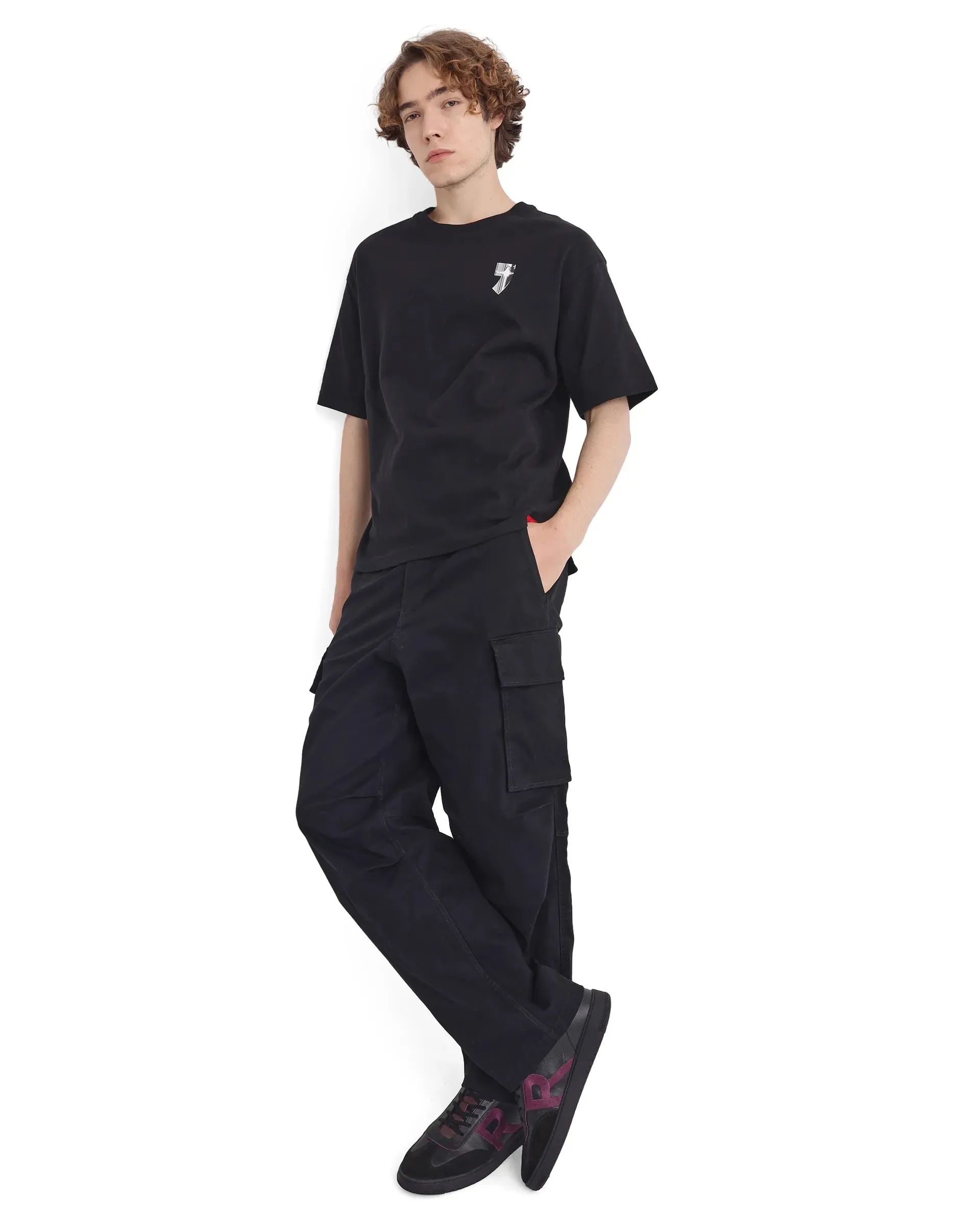 Rare Rabbit Men Keltz Black Cotton Fabric Short Sleeve Crew Neck Oversized Fit Graphic Print T-Shirt