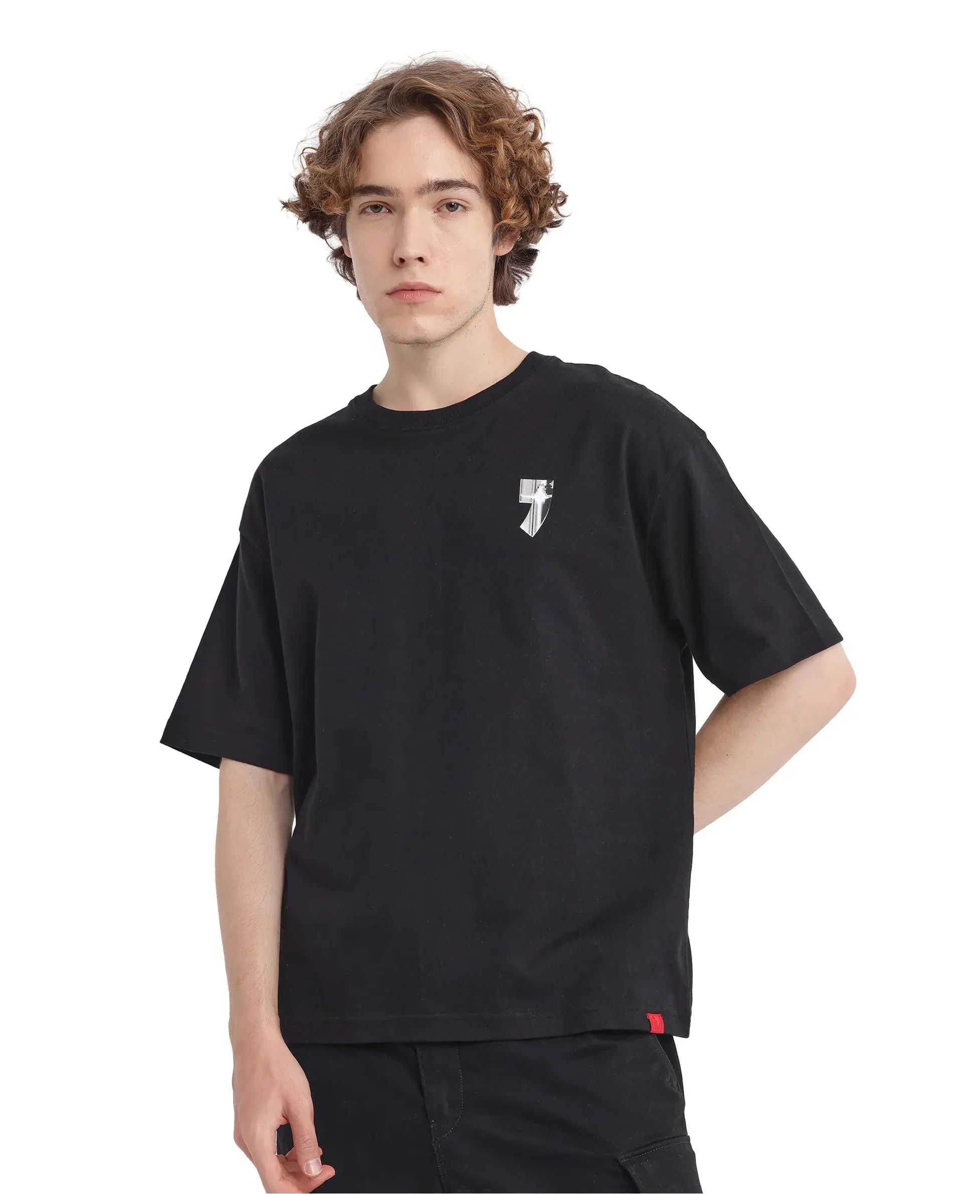 Rare Rabbit Men Keltz Black Cotton Fabric Short Sleeve Crew Neck Oversized Fit Graphic Print T-Shirt