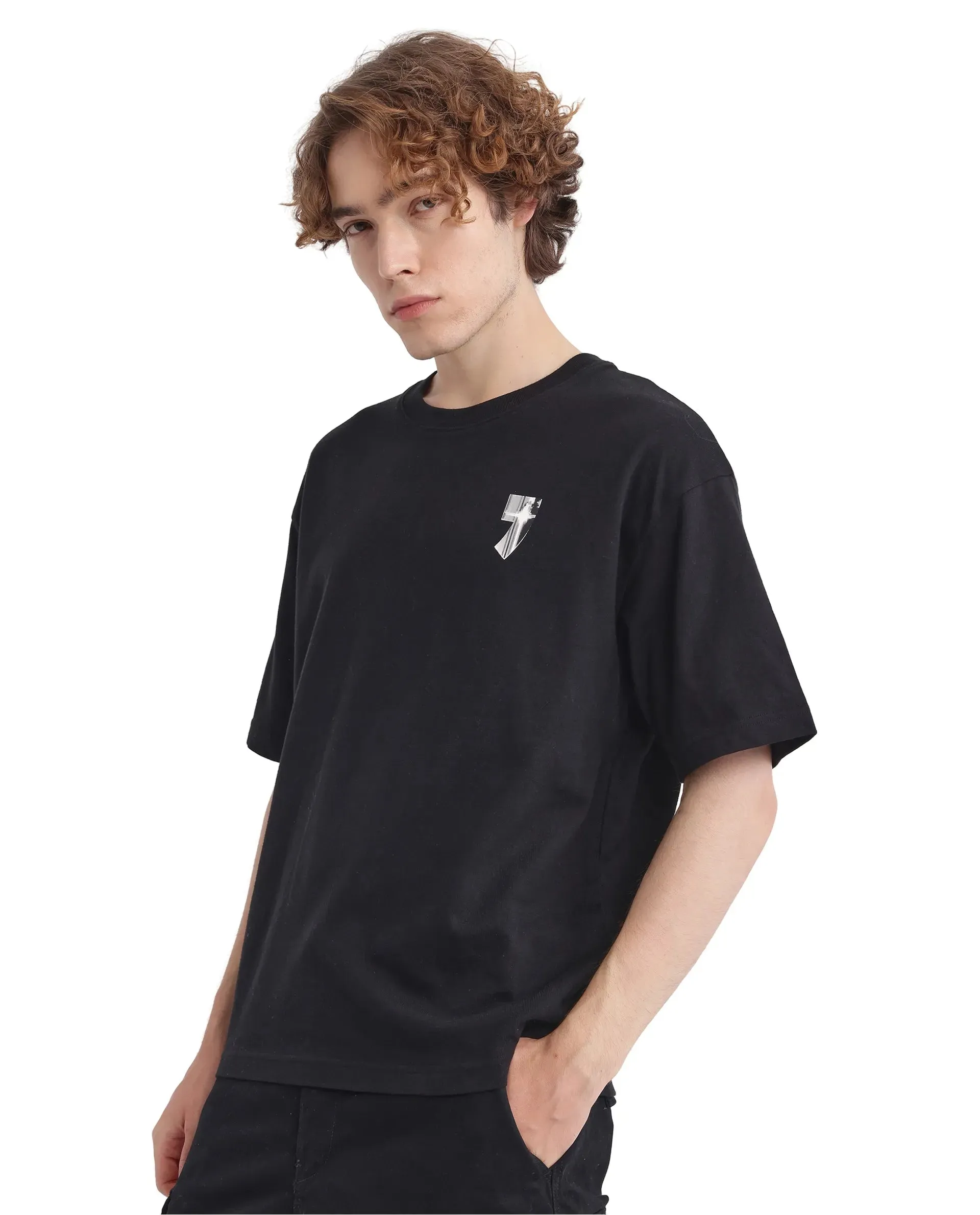 Rare Rabbit Men Keltz Black Cotton Fabric Short Sleeve Crew Neck Oversized Fit Graphic Print T-Shirt