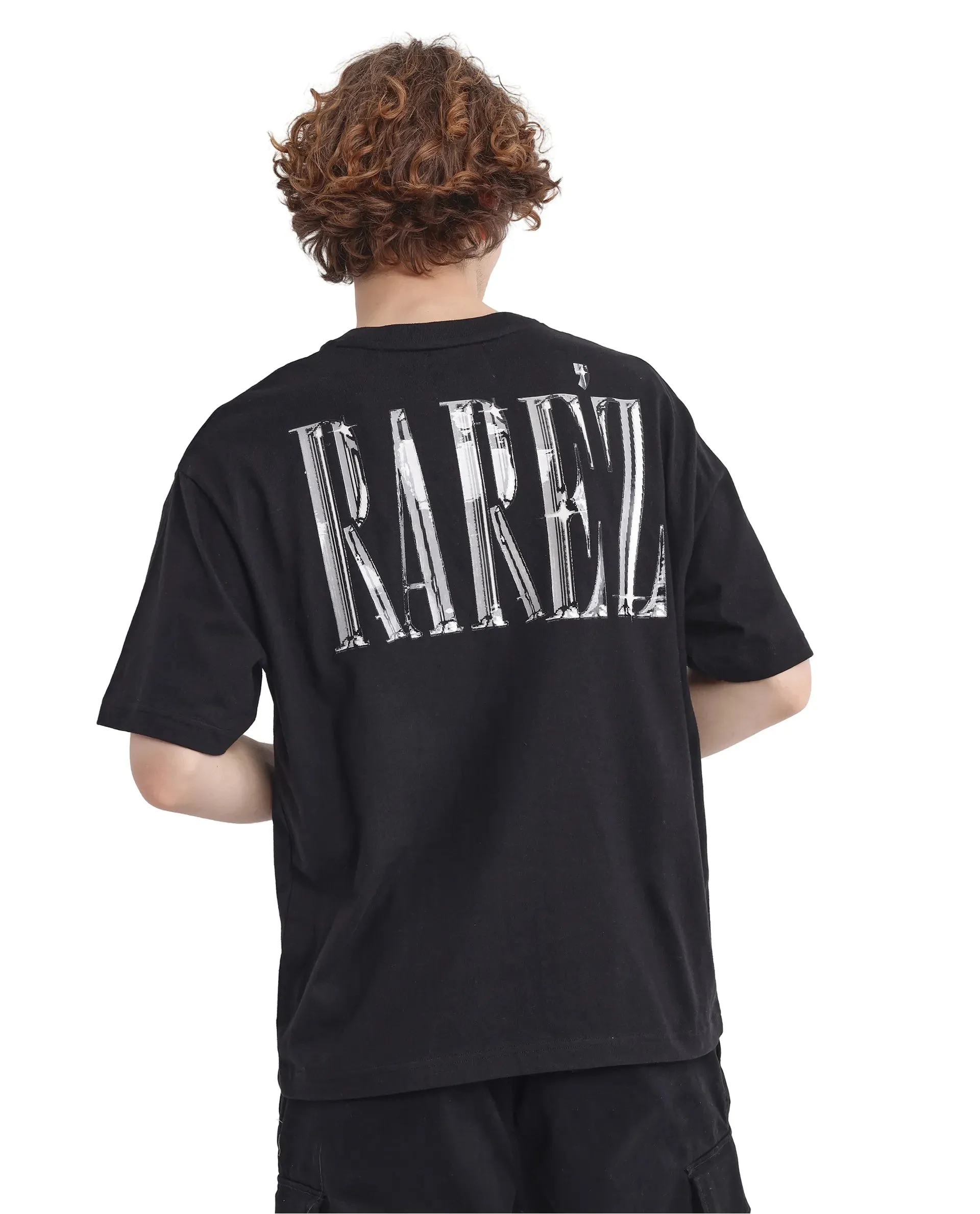 Rare Rabbit Men Keltz Black Cotton Fabric Short Sleeve Crew Neck Oversized Fit Graphic Print T-Shirt
