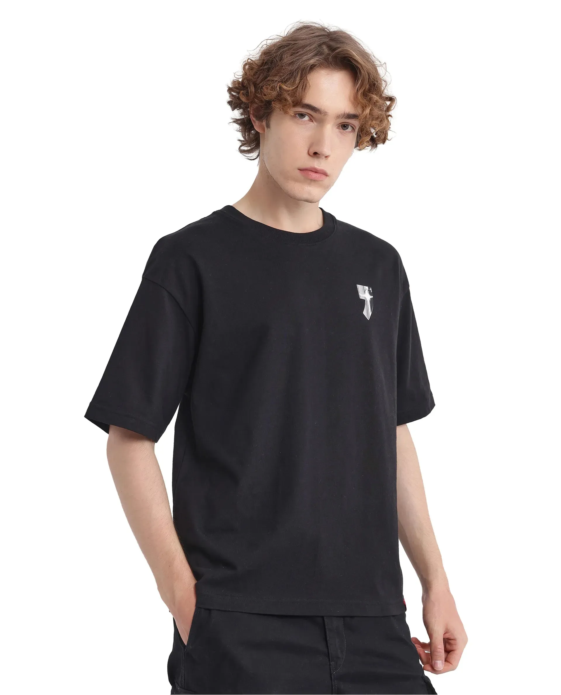 Rare Rabbit Men Keltz Black Cotton Fabric Short Sleeve Crew Neck Oversized Fit Graphic Print T-Shirt