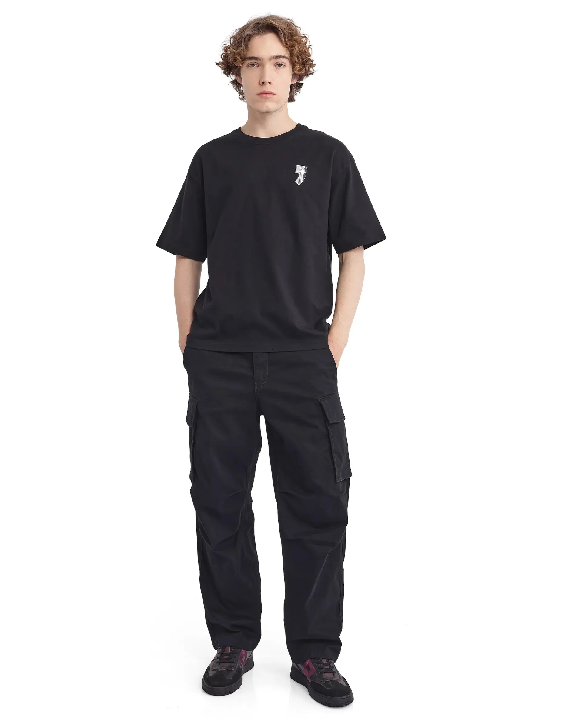 Rare Rabbit Men Keltz Black Cotton Fabric Short Sleeve Crew Neck Oversized Fit Graphic Print T-Shirt