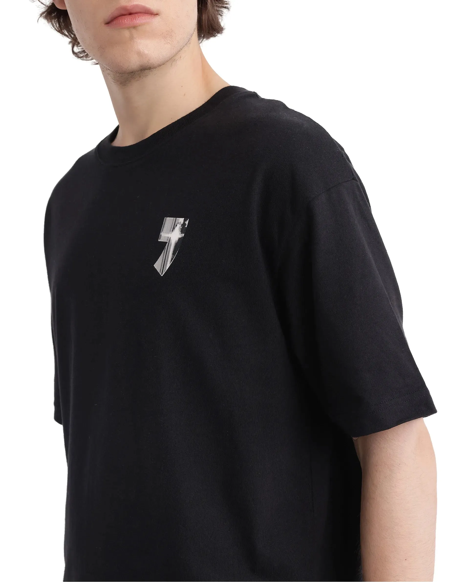 Rare Rabbit Men Keltz Black Cotton Fabric Short Sleeve Crew Neck Oversized Fit Graphic Print T-Shirt