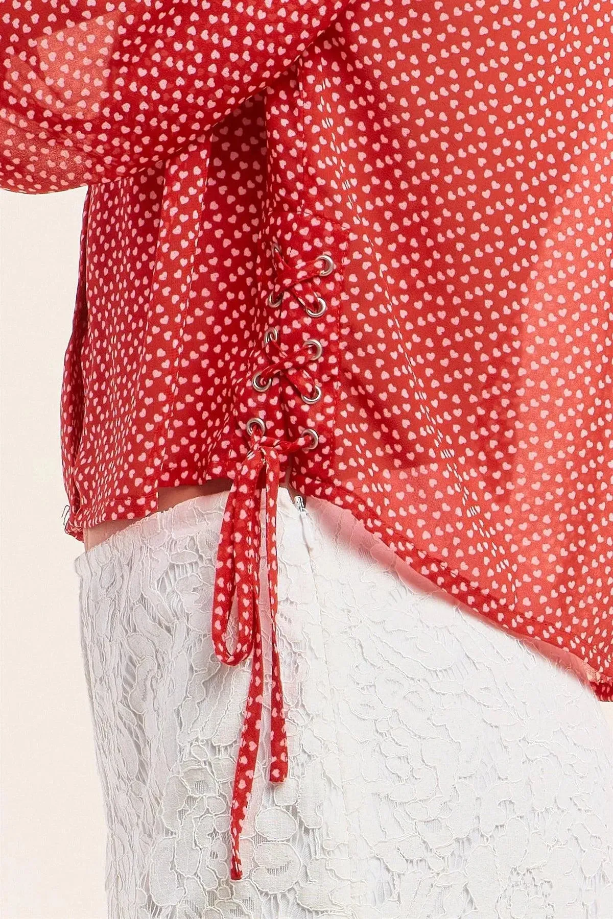 Red Retro Chic Heart Print Relaxed Fit Long Sleeve Criss-Cross Tie Up Detail Button Up Cropped Shirt /1-2-2