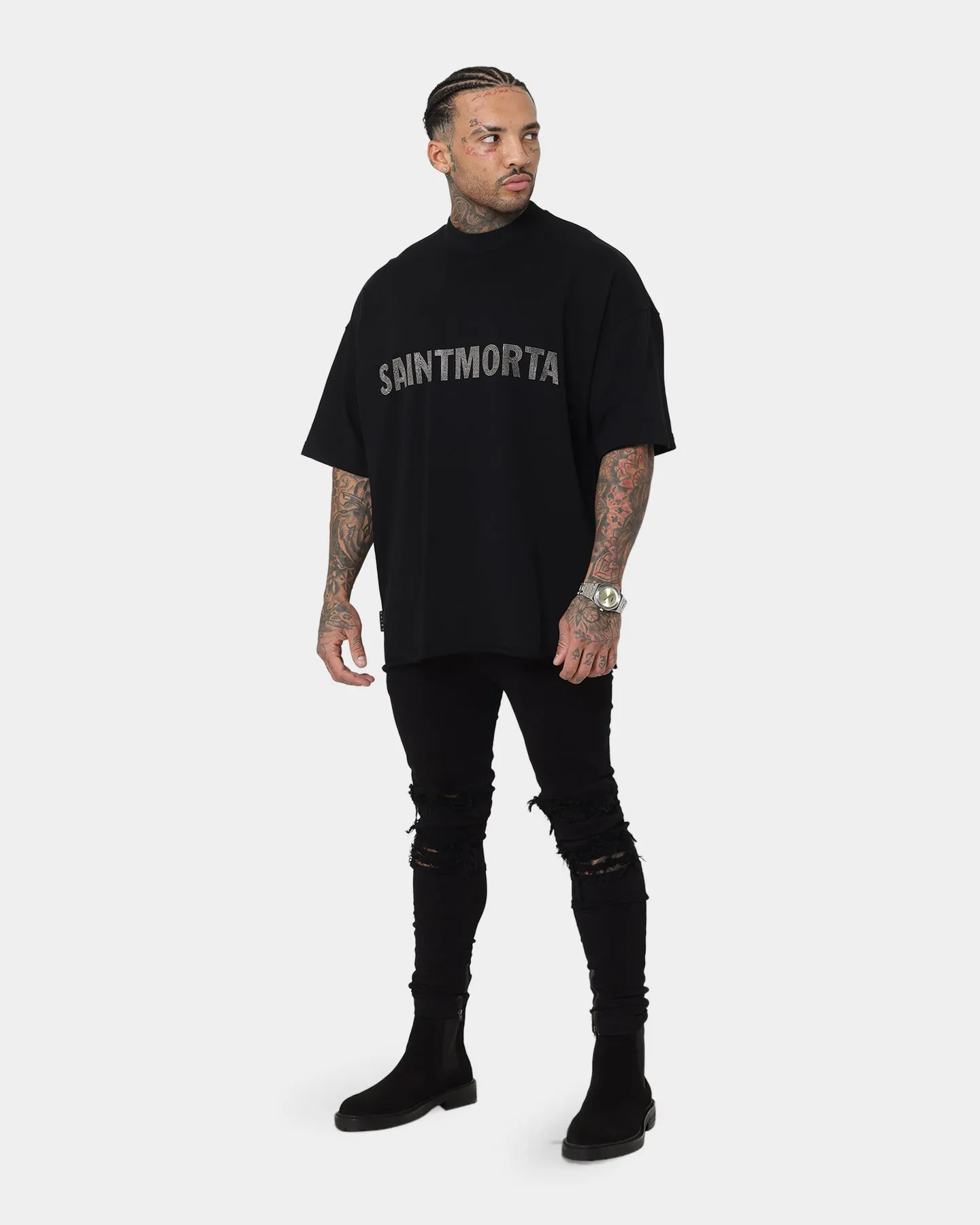 Saint Morta Yearbook Rhinestone Boxy T-Shirt Black/Black