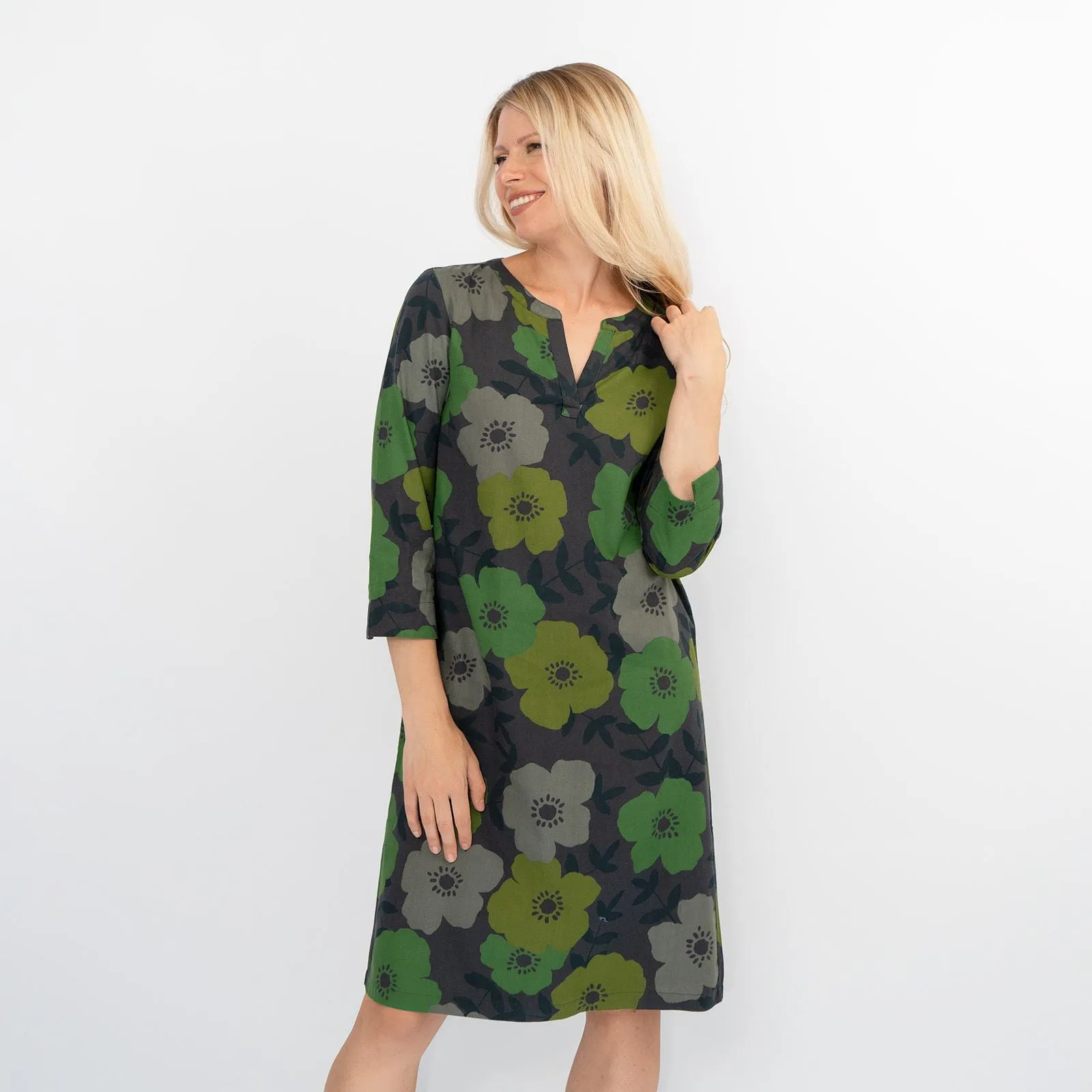 Seasalt Dawn Green Floral Cotton Blend Lightweight 3/4 Sleeve Midi Dresses