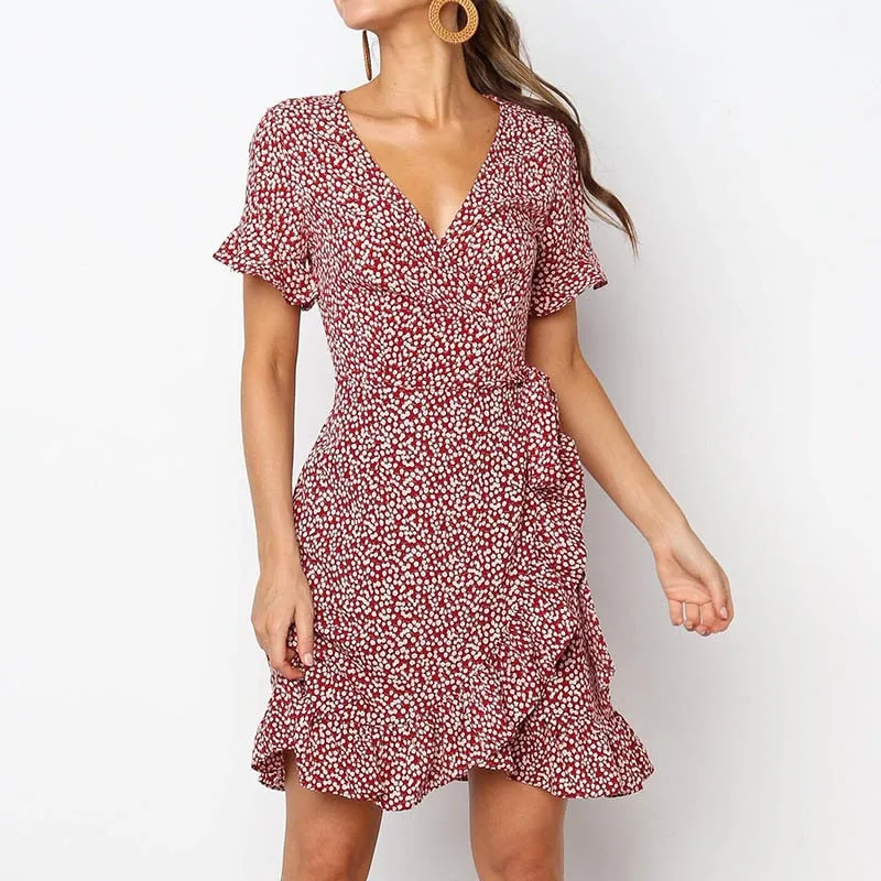 Sexy Deep V neck Dress Women Boho
