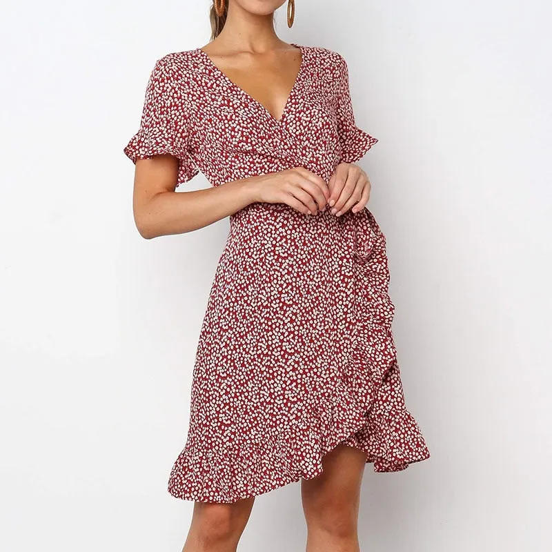 Sexy Deep V neck Dress Women Boho