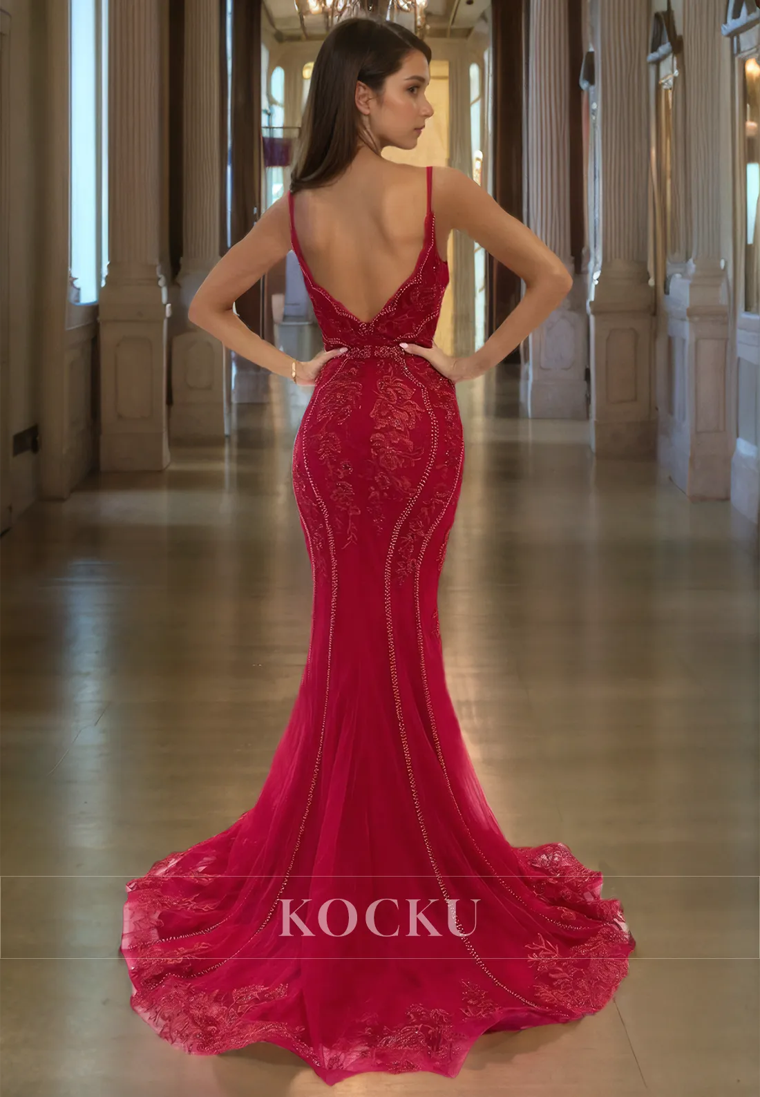 Spaghetti Straps V-Neck Mermaid Prom Dress Sleeveless Appliques Lace Formal Gowns with Beads