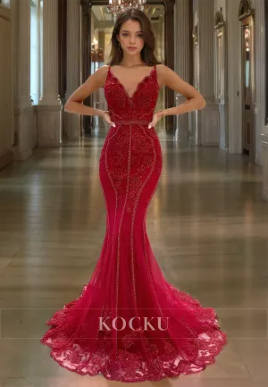 Spaghetti Straps V-Neck Mermaid Prom Dress Sleeveless Appliques Lace Formal Gowns with Beads