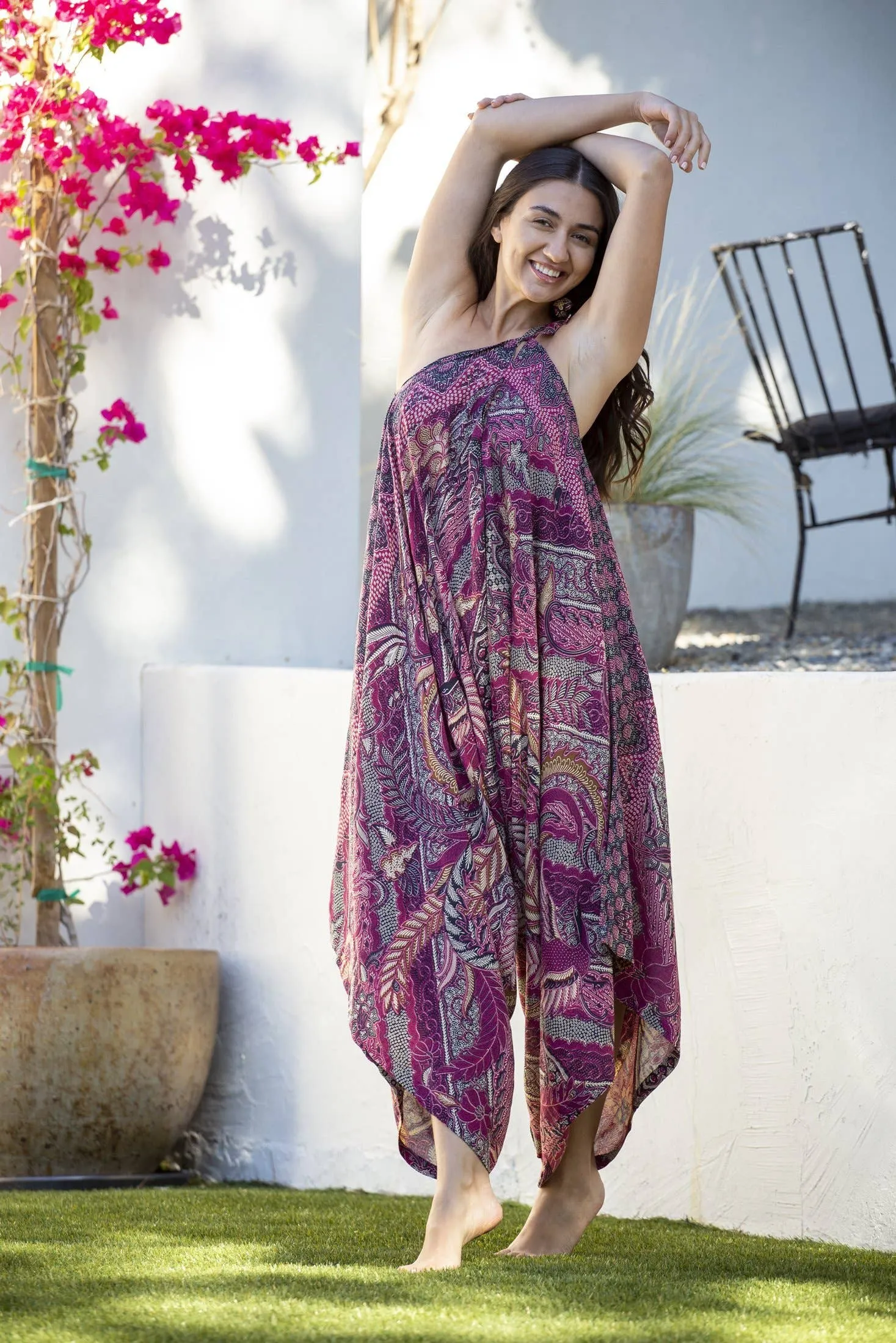 Summer Jumpsuit in Cyprus Wine Leaf Batik No Pocket, Women's Romper to Maxi Beach Wear