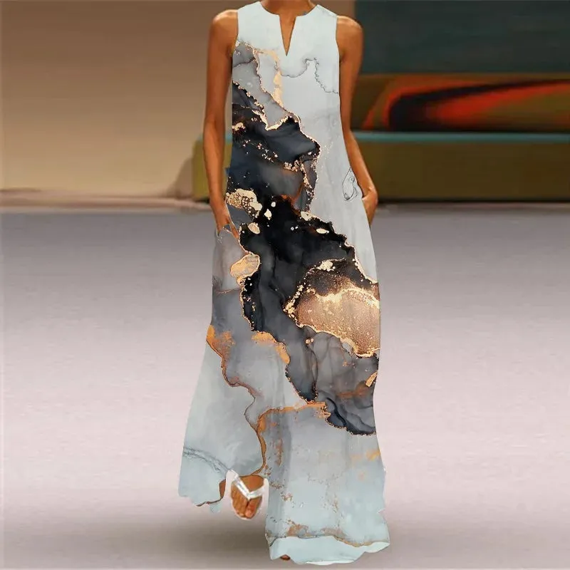 Summer Ladies Elegant Long Dress V-Neck Sleeveless Unique Printed Tank Top Dress Casual Comfort Beach Vintage Style