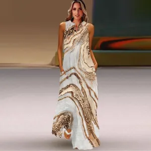 Summer Ladies Elegant Long Dress V-Neck Sleeveless Unique Printed Tank Top Dress Casual Comfort Beach Vintage Style