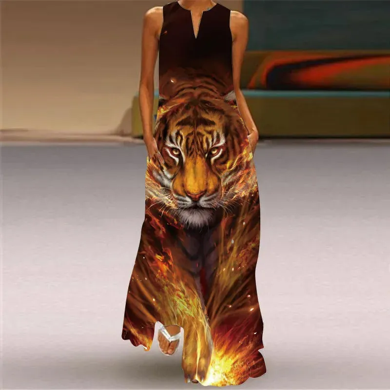 Summer Ladies Elegant Long Dress V-Neck Sleeveless Unique Printed Tank Top Dress Casual Comfort Beach Vintage Style