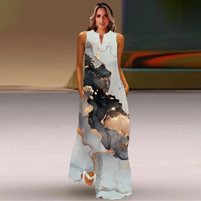 Summer Ladies Elegant Long Dress V-Neck Sleeveless Unique Printed Tank Top Dress Casual Comfort Beach Vintage Style