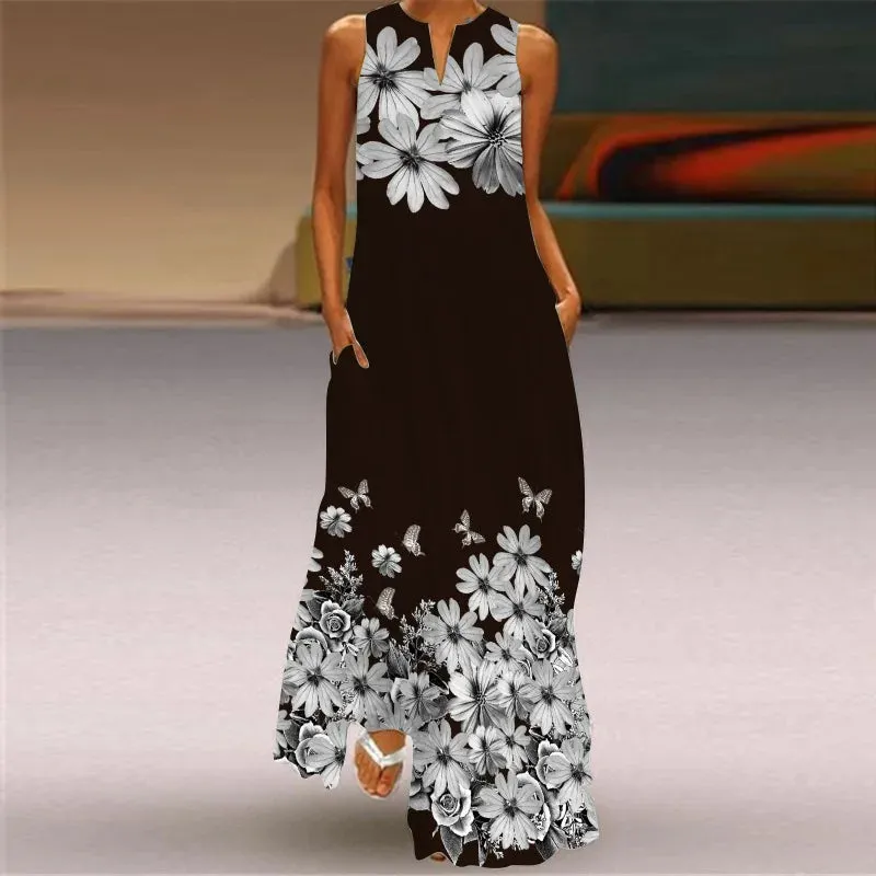 Summer Ladies Elegant Long Dress V-Neck Sleeveless Unique Printed Tank Top Dress Casual Comfort Beach Vintage Style