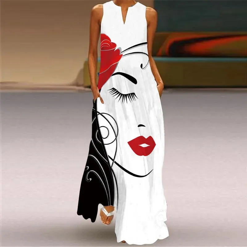 Summer Ladies Elegant Long Dress V-Neck Sleeveless Unique Printed Tank Top Dress Casual Comfort Beach Vintage Style