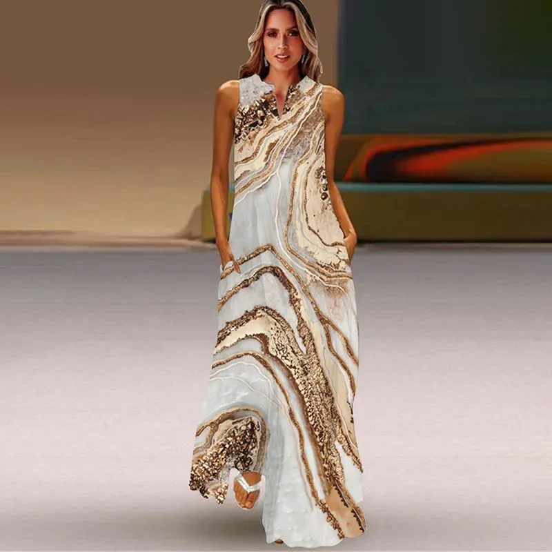 Summer Ladies Elegant Long Dress V-Neck Sleeveless Unique Printed Tank Top Dress Casual Comfort Beach Vintage Style