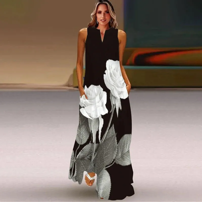 Summer Ladies Elegant Long Dress V-Neck Sleeveless Unique Printed Tank Top Dress Casual Comfort Beach Vintage Style