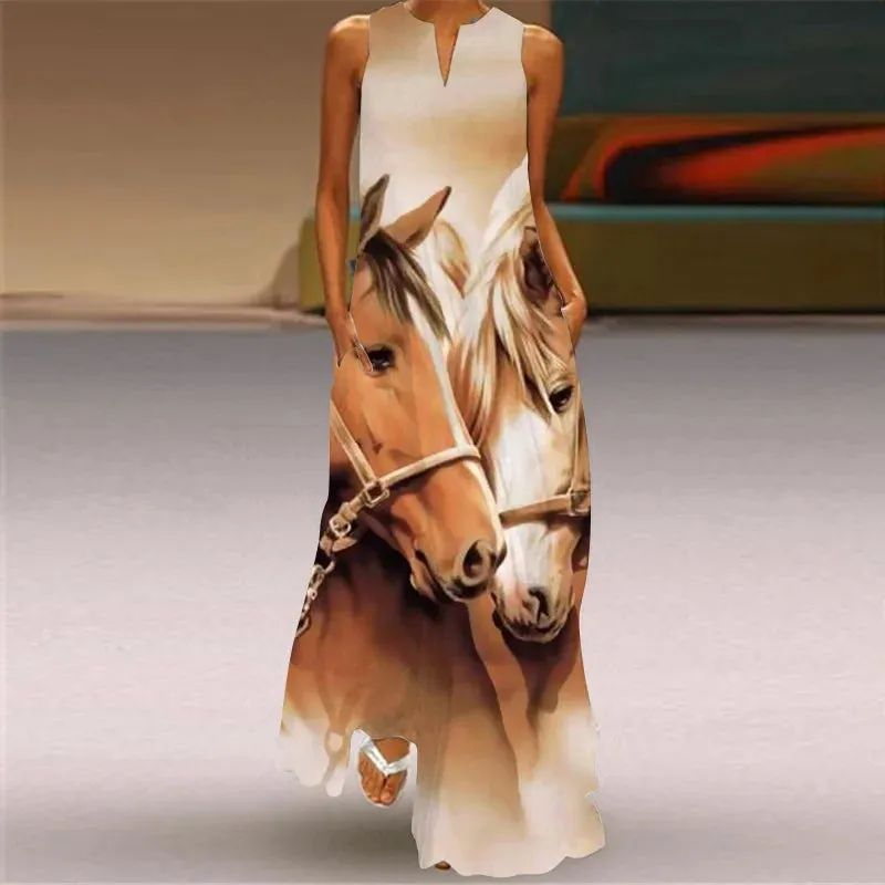 Summer Ladies Elegant Long Dress V-Neck Sleeveless Unique Printed Tank Top Dress Casual Comfort Beach Vintage Style