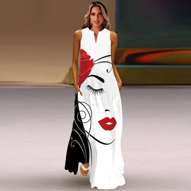 Summer Ladies Elegant Long Dress V-Neck Sleeveless Unique Printed Tank Top Dress Casual Comfort Beach Vintage Style