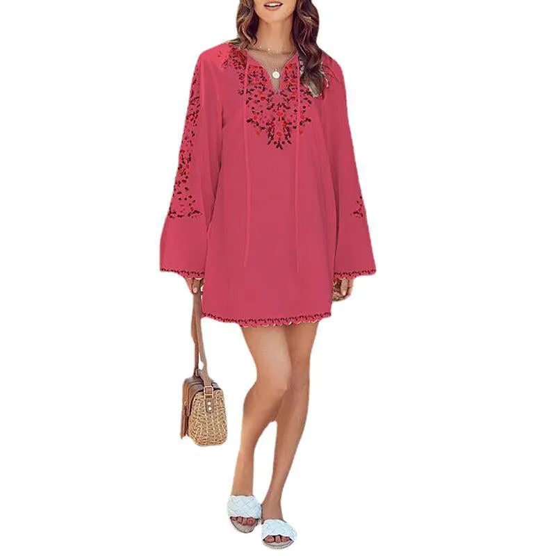 Summer Long Sleeve V-Neck Floral Print Dress Wholesale