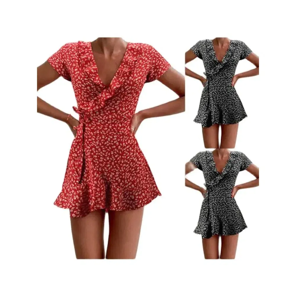 Summer Women’s Floral A-Line Dress Elegant Ruffles V-neck Mini Dress