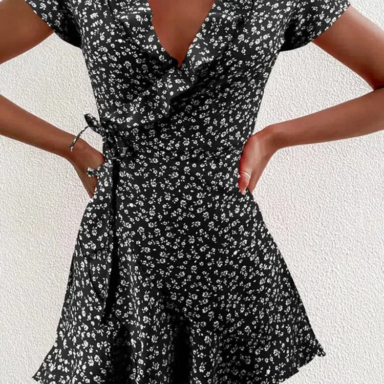 Summer Women’s Floral A-Line Dress Elegant Ruffles V-neck Mini Dress