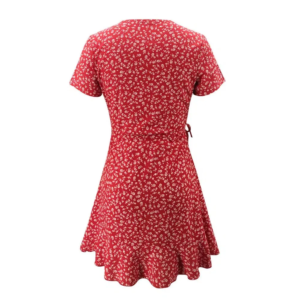 Summer Women’s Floral A-Line Dress Elegant Ruffles V-neck Mini Dress