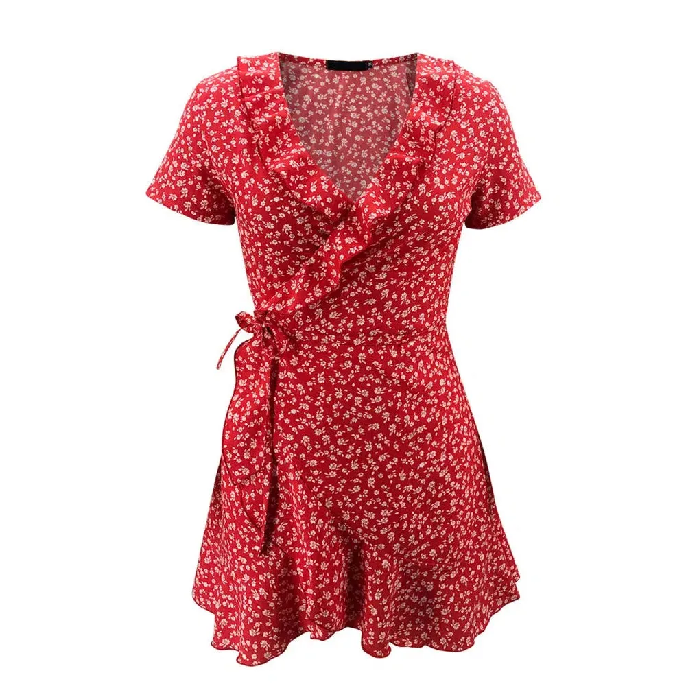 Summer Women’s Floral A-Line Dress Elegant Ruffles V-neck Mini Dress