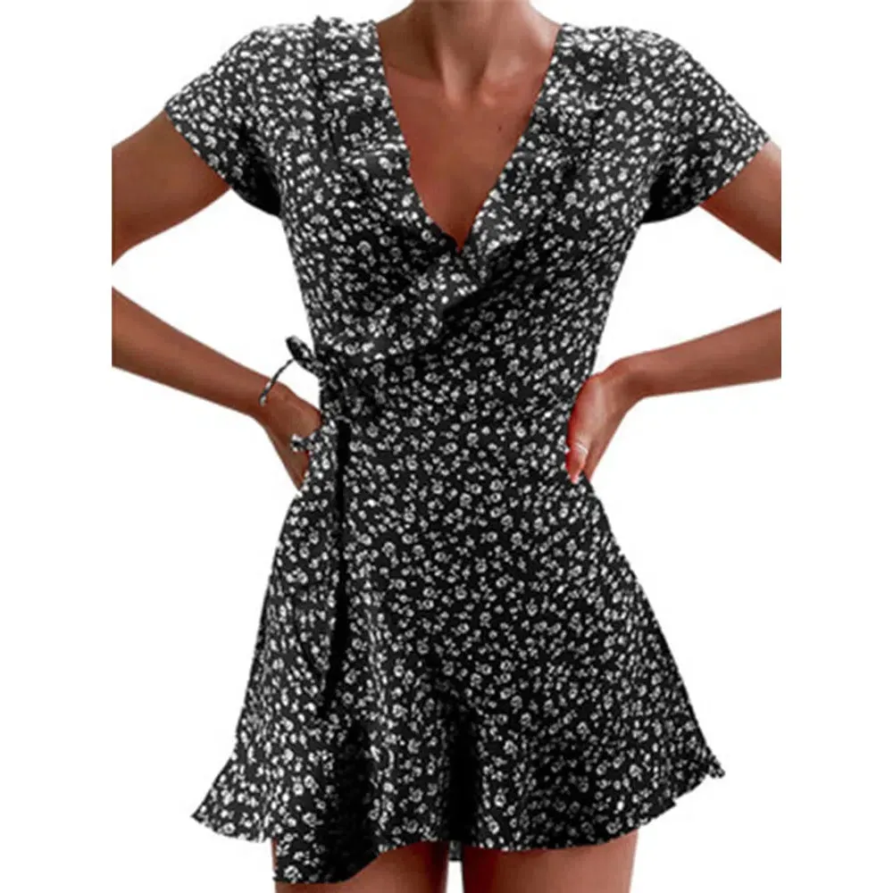 Summer Women’s Floral A-Line Dress Elegant Ruffles V-neck Mini Dress