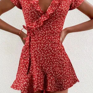 Summer Women’s Floral A-Line Dress Elegant Ruffles V-neck Mini Dress