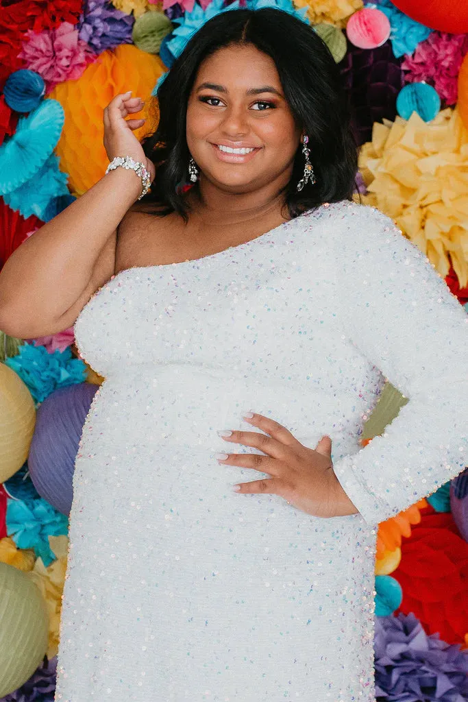 Sydneys Closet SC8112 Size 26 Onyx Plus size Sequin One Shoulder Long Sleeve Cocktail Dress Formal Gown