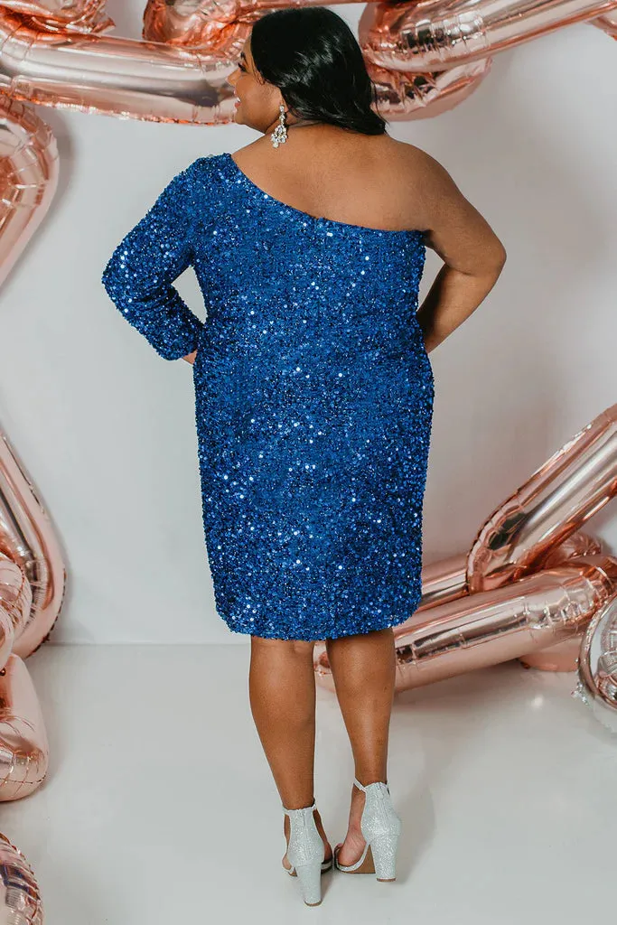 Sydneys Closet SC8112 Size 26 Onyx Plus size Sequin One Shoulder Long Sleeve Cocktail Dress Formal Gown