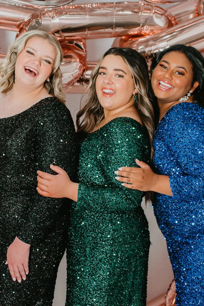 Sydneys Closet SC8112 Size 26 Onyx Plus size Sequin One Shoulder Long Sleeve Cocktail Dress Formal Gown