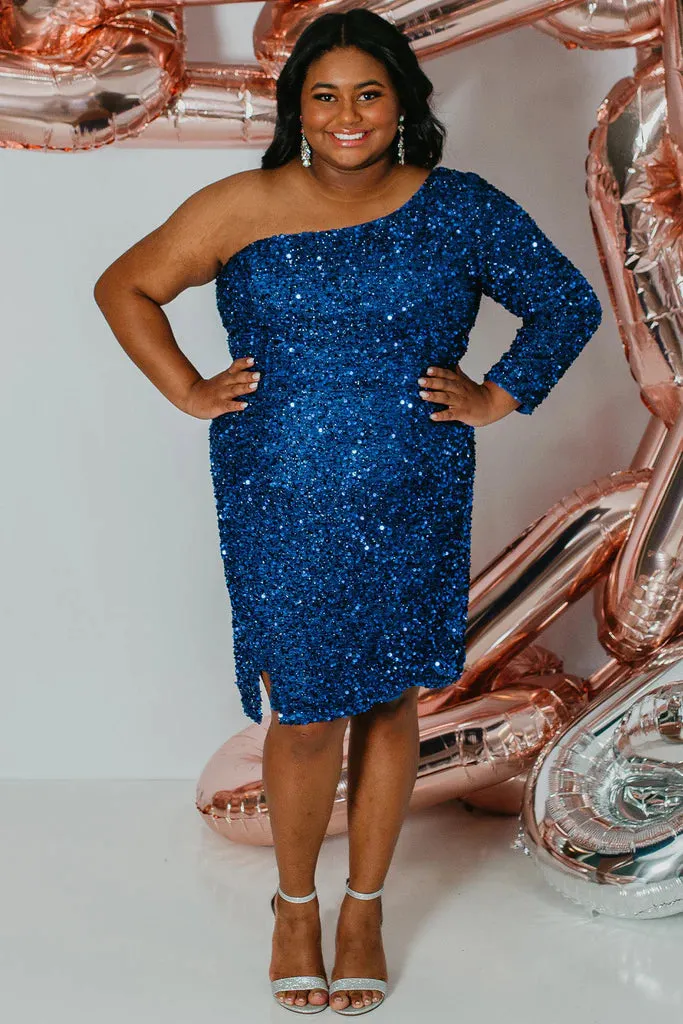 Sydneys Closet SC8112 Size 26 Onyx Plus size Sequin One Shoulder Long Sleeve Cocktail Dress Formal Gown