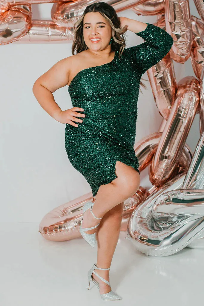 Sydneys Closet SC8112 Size 26 Onyx Plus size Sequin One Shoulder Long Sleeve Cocktail Dress Formal Gown