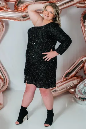 Sydneys Closet SC8112 Size 26 Onyx Plus size Sequin One Shoulder Long Sleeve Cocktail Dress Formal Gown
