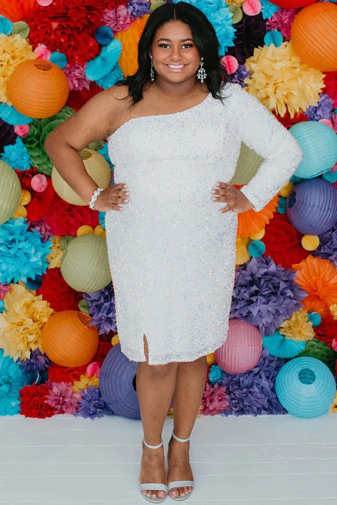 Sydneys Closet SC8112 Size 26 Onyx Plus size Sequin One Shoulder Long Sleeve Cocktail Dress Formal Gown