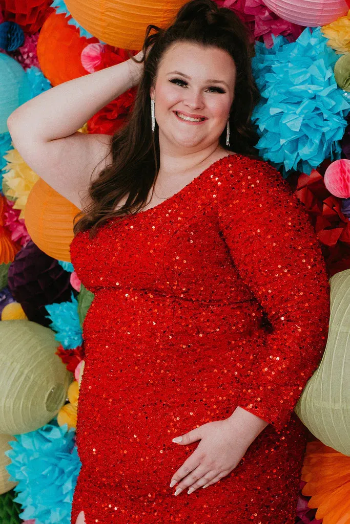 Sydneys Closet SC8112 Size 26 Onyx Plus size Sequin One Shoulder Long Sleeve Cocktail Dress Formal Gown